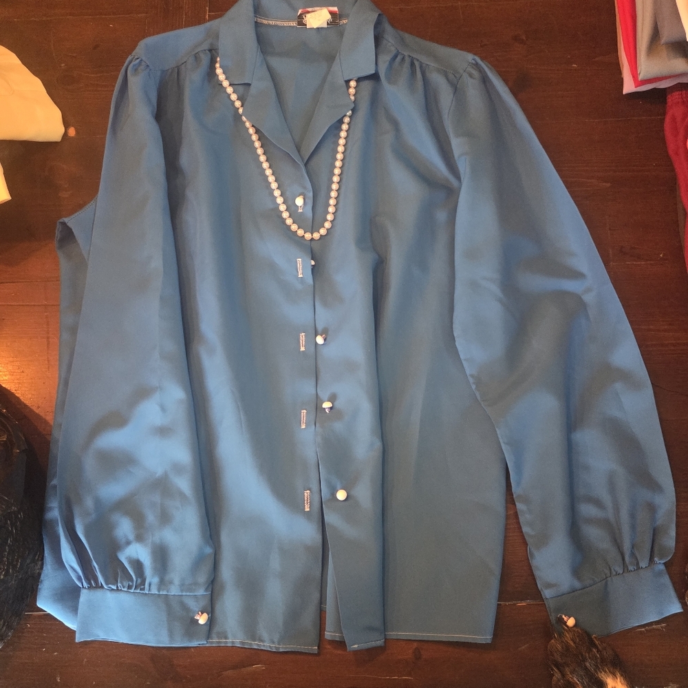 Blue Button-Up Blouse with Pearl Accents